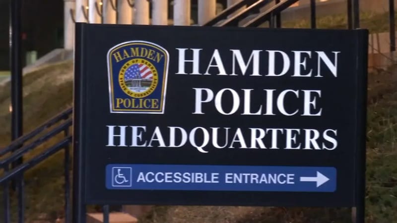 Hamden Police Headquarters sign at night