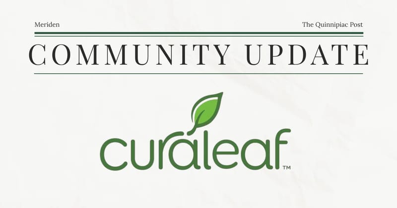Curaleaf logo on a Quinnipiac Post community update card for Meriden