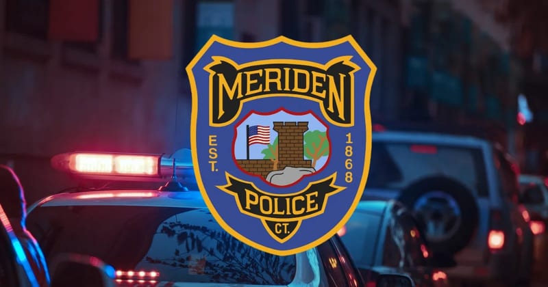 The Meriden Police patch sits front and center over a background showing a traffic stop
