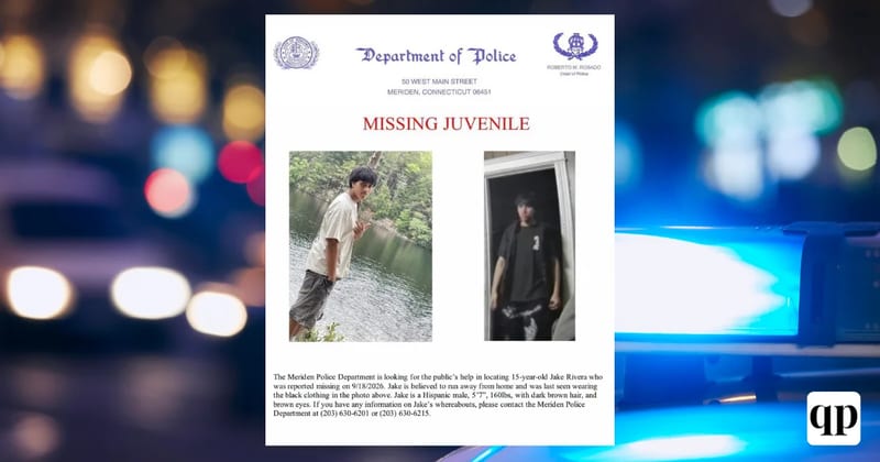 The Meriden Police Department's missing juvenile poster for Jake Rivera, 15, reported missing Sept. 18, 2026, with the department's tip lines.