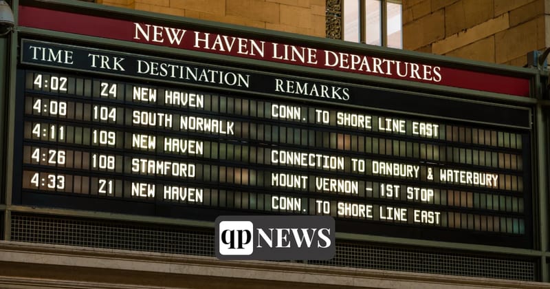 A New Haven Line departures board; the state and city announced $24.8 million in upgrades at New Haven Union Station on Sept. 21, 2026.