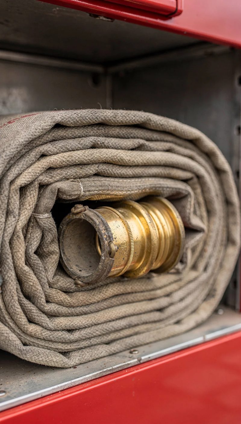 A rolled canvas fire hose with a brass coupling stored in a fire truck compartment