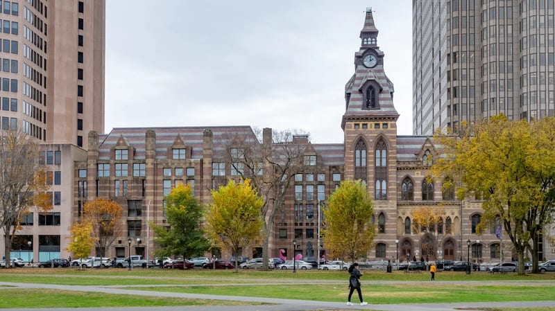 New Haven City Hall on Church Street, seen across the Green in fall
