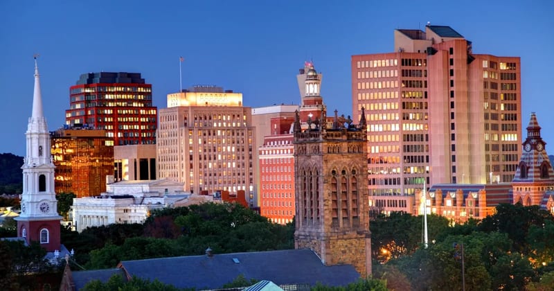 Downtown New Haven's skyline in the evening
