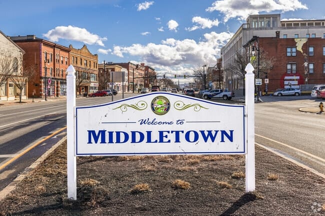 Welcome to Middletown sign on Main Street in Middletown, Connecticut